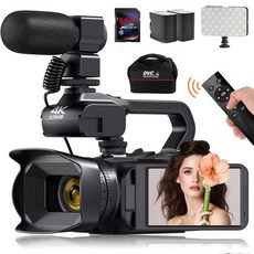 캠코더 4K 유튜브 브이로그 라이브 스트림 웹캠 필 라이트 UHD 디지털 비디오 카메라 4.0 인치 회전 터치 스크린 18X 줌 60FPS, Dual 색상 Light MIC