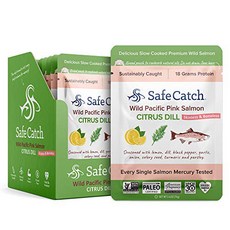 Safe Catch Skinless and Boneless Wild Pacific Pink 안전한 잡기 껍질과 뼈가 없는 와일드 퍼시픽 핑크 연어 파우치 감귤 딜 양념 수은 테, 73g, 12개