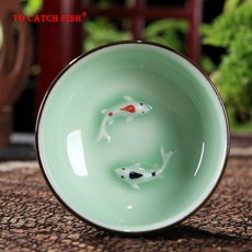 중국 Longquan 청자 도자기 1pcs 차 컵 중국 찻잔과 SaucerTea 그릇 황금 물고기 60ml 중국 차 주전자 청자 찻잔|china teacups|tea cupl, 단일, 1개, 단일