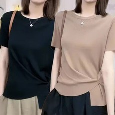여성 여름 단추 반팔 쿨 니트 캐주얼 무지 기본 베이직 데일리 썸머 티셔츠 허리쏙단추반팔니트