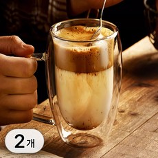 투데이리빙 1+1 이중 내열 투명 유리컵 더블레이어드 글라스 머그컵 보온 보냉 더블월 머그잔 다용도 강화 이중컵 홈카페 손잡이 유리잔 450ml 410ml, 2개, R98554Q(투명