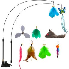 고양이 장난감 지팡이 핸즈프리 인터랙티브와 슈퍼 흡입 컵 스틱 탈착식 9Pcs 실내용 2개 리필흡입 포함, Cat Wand With Suction Cup