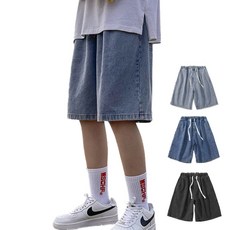 남자 데님 5부 팬츠 여름 허리 밴딩 청 반바지 와이드 연청 중청 흑청