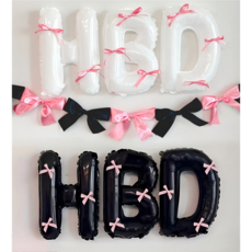 러블리한 실크 리본 포인트 HBD 풍선 세트 생일 파티 장식, 1세트, 40.5cm 블랙