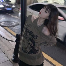 KOSAHIKI 여성용 레터 프린트 홀터 상의 스웨터 셔츠 한국 Y2k 패션 풀오버 긴팔 봄 가을 캐주얼 루즈 후디