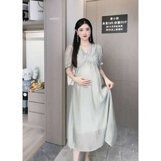 V넥 원피스 여자 임산부 코디 여름 롱 플레어 라인