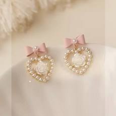 핑크 리본 진주 귀걸이녀 달콤한 분위기 동백꽃 귀걸이 귀 없는 사치 패션 귀여운 귀걸이