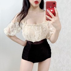 [당일발송] 플라워패던 레이스 벨벳 모노키니(1Color 베이지)-M L 수영복, 베이지
