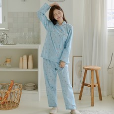 찌니야B 찌니야 국내제작 여성잠옷 해피고양이 블루 40수 순면 긴팔상하세트