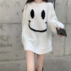 스마일 수 놓은 스웨터 여성 백 패턴 니트웨 긴팔 탑