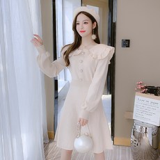 홀가먼트니트 니트 여성원피스 2020가을겨울셋트 긴팔 베이비카라 아름다운 스타일 법식 빈티지 세련된스타일 스커트식