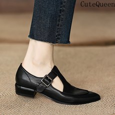 CuteQueen 귀여운여왕 단화 여성 프렌치 빈티지 캐주얼 스틸레토 가보시 브라운 스틸레토 메리제인