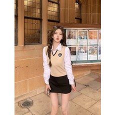 한국 스타일 대학 스타일 유니폼 여성용 3 피스 슈트 가을 조끼 스트라이프 셔츠 순수한 정욕 핫걸 엉덩이 덮는 짧은 스커트