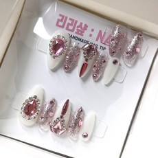리리샾 수제네일팁 셀프 웨딩 젤네일 붙이는 인조손톱 핑크의여왕, 아몬드쉐입, 1개, 화이트