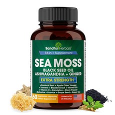 Sea Moss 블랙 씨드 오일 아쉬와간다 생강 우엉 뿌리 강황 흑후추 | 올인원 보충제 60캡슐 | 남성 및 여성용 시모스 알약 | 미국 제조, 1개