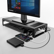 준스브로 모니터 노트북 받침대 USB 4개 포트 무선 충전 다기능, 블랙
