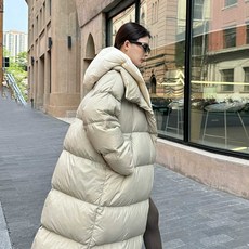배색 이중 후드 오버핏 푸퍼 이불 오리털 롱패딩 구스 2color, 1개, 5. XS 콩그린
