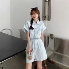 큐티 연청 반팔 반바지 점프수트