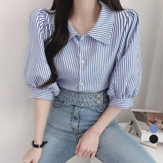 라라벨 여성용 셔츠 카라넥 스트라이프 숄더퍼프 러블리 캐주얼 데일리 셔츠