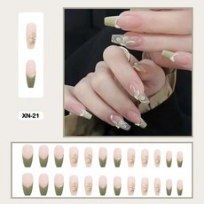 여름 요정 꽃 패턴 네일 아트 인조 손톱 접착제 핑크 보라색 숏 웨어러블 착용 도구 포함 24 개, XN-21, 1개