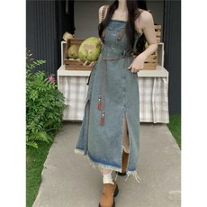 [~4XL] 빅사이즈 복고 Y2k 여름 데님 나시 원피스 옆트임 롱 스커트