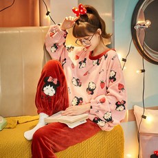 플란넬 캐릭터 카툰 겨울 램스 울 털 큐트 파자마 여성 수면 잠옷 긴팔 홈웨어 실내복