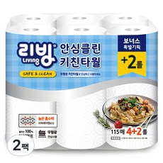 리빙티슈 천연펄프 안심클린 롤키친타올, 6개입, 2개 115매, 12개