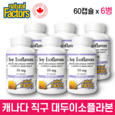 네추럴 팩터스 대두 이소플라본 50 mg 60 캡슐 (6병) 갱년기 에스트로겐 영양제 파이토케미컬 대두추출물등복합물 소이이소플라본 제니스틴 제니스테인 플라보노이드 캐나다 정품 직구, 60개, 6개