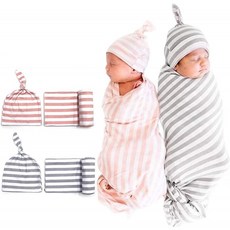 겉싸개 2Pack Newbon Swaddle Blanket with Hat Soft Stretchy Coto Baby Swaddle Wrap Cocoon Sack Stripe Printed Receivin, 단일옵션