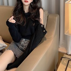 어깨트임니트 여성 겨울 가을 외 입다 루즈핏 숏 긴소매