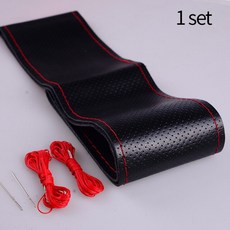자동차 스티어링 휠 커버 가죽 DIY 바느질 키트 38cm 수제 바늘 액세서리, [01] Black red with hole, 1개
