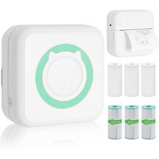 AURTEC 미니 열 프린터 스티커 3롤과 종이 3롤이 포함된 휴대용 무선 블루투스 잉크리스 안드로이드iOS 메모용 포켓 등과 호환 가능, Green