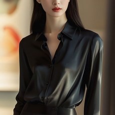 JoYouth 여성 봄가을 빅 사이즈 칼라 정장 긴팔 새틴 셔츠