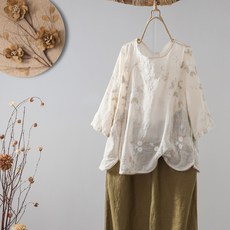 POMTOR 여성 루즈핏 자수 면마 반팔 빅사이즈 티셔츠 생활한복 개량한복