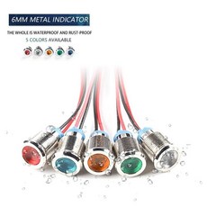 110V LED 포함 6mm 3V 빨간색/노란색/파란색/녹색/흰색 단추 금속 램프 24V 표시 와이어 220V 12V 등 신호 방수 6V, 12V-24V Yellow, 1개