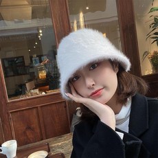 토끼 모피 흰색 봉제 어부 모자 여성 겨울 한국어 버전 플러스 벨벳 따뜻한 버킷 모자 얼굴을 덮고