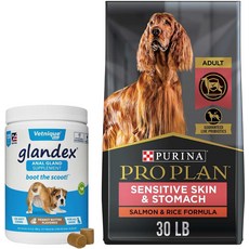 번들: Vetnique Labs Glandex 땅콩 버터 맛 소프트 츄 강아지 소화 보조제 Purina Pro Plan 성인 민감 피부 위 연어 쌀