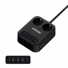 ORDFLES 65W USB급속충전 고속충전 다용도 7-in-1(USB-C 3개 USB-A 2개) 멀티탭 2구 5포트, 블랙, 1개, 2m