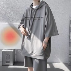 고급 느낌 얇은 스포츠 레저 정장 남성 여름 후드가 달린 반팔 티셔츠 느슨한 타이드 브랜드 투피스