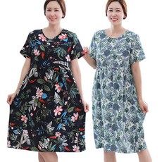 백합사 엄마옷 여성용 해솔 빅플 인견 반팔 원피스 잠옷 2P