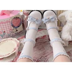 가을 여성 블루 리본 미끄럼 방지 방수 통굽 구두 화이트 데일리 빈티지 스트랩 단화