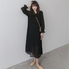 플리츠스커트 임산부 원피스 가을옷 넥라인 끈허리띠 루즈핏 오버사이즈 긴팔 임산부스커트 동안 쉬폰 임산부옷