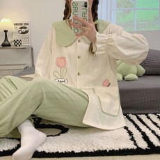 205g 임산부 순면 산후조리 추동 자가드 면 산모 잠옷 수유복 수유복
