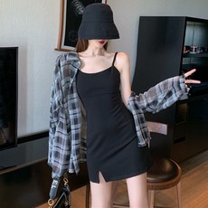 bza 사이드 슬릿 짧은 서스펜더 스커트 여성 여름 슬림 슬리밍 작은 블랙 치마와 베이직 드레스