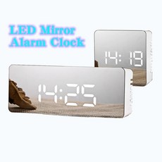 디지털온도계 거울 알람 시계 LED 디지털 스누즈 테이블 웨이크업 라이트 전자 큰 시간 온도 디스플레이 홈 침실 장식, 1)Rectangle B White, 없음, 없음