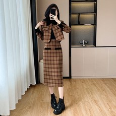 체크 자켓 롱스커트 셋업 투피스 set 하객룩 세트