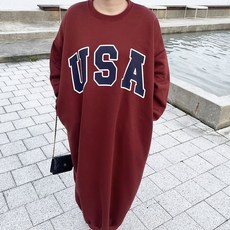 [비비애르] 오버핏 USA 코튼 기모 맨투맨 롱 원피스 레터링 빅사이즈 가을 겨울 데일리 캠핑룩
