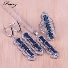 Risenj 원래 러시아 스타일 블루 큐빅 지르콘 화이트 크리스탈 실버 컬러 쥬얼리 세트 귀걸이 반지 목걸이 세트|신부 쥬얼리 세트|