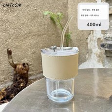 CNTCSM 커피잔 단열 유리 빨대컵 간편 바람덮개 크리에이티브 컵 비주얼 동종 슬라브 컵, 투명타입(뚜껑+빨대+컵홀더), 400마라