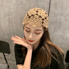 두건 여자모자 봄여름 얇은타입 펀칭 통기성 코바늘 레이스가방 흰머리 수공예로짠 니트 비니